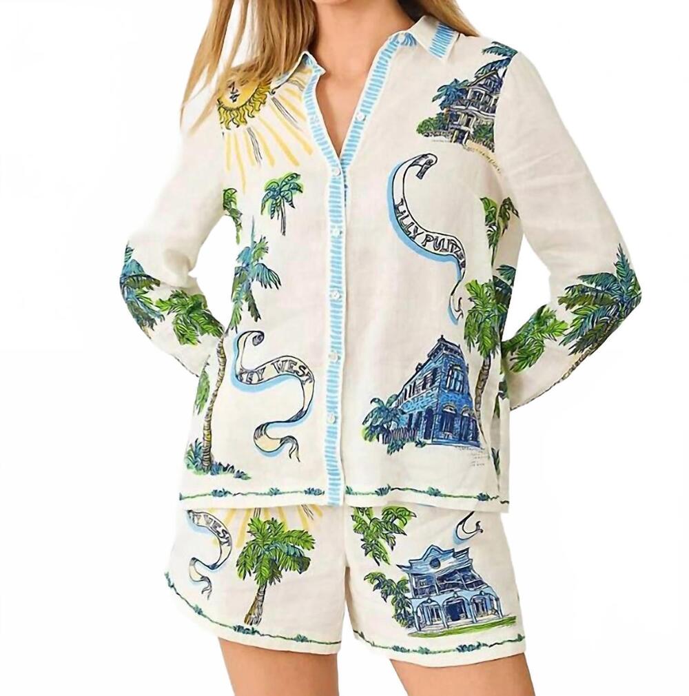 NEW LILLY PULITZER susana button down shirt in coconut key west toile engineered